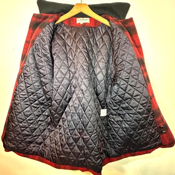 Vintage LL Bean Wool Coat Womens M Red Black Plaid Made In USA - Picture 2 of 8
